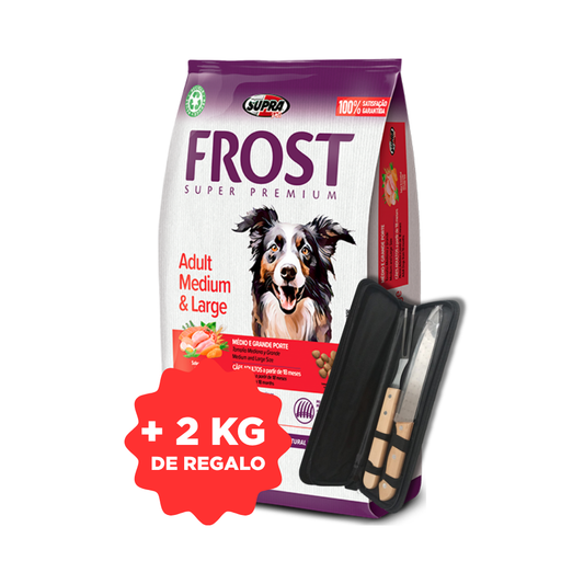 Bolsa de alimento Frost para perro adulto de raza grande, 15 kg + 2 kg + set de asador de regalo