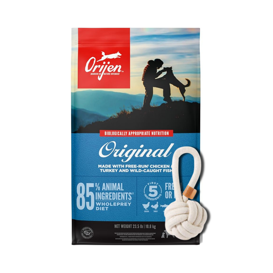 Bolsa de alimento Orijen Original para perro adulto, 10,6 kg, incluye pelota de soga de regalo