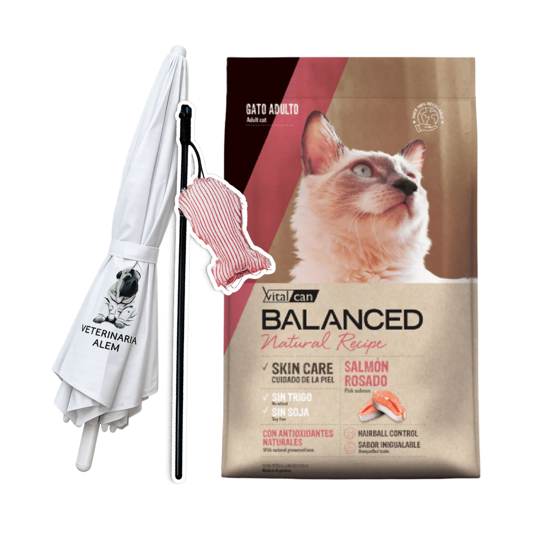 Balanced Natural Recipe Gato Salmon Rosado 7.5kg + Varita para Gato + Sombrilla